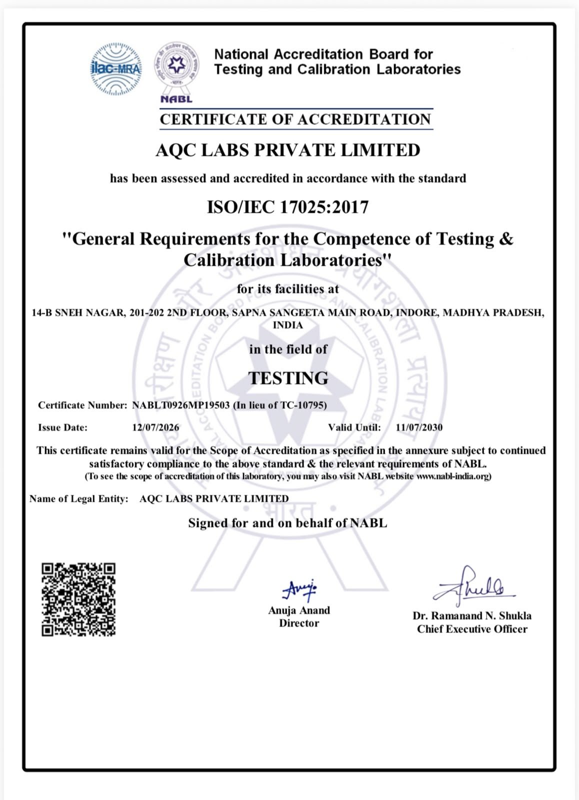 NABL CERTIFICATE(Valid Till) JULY 2030